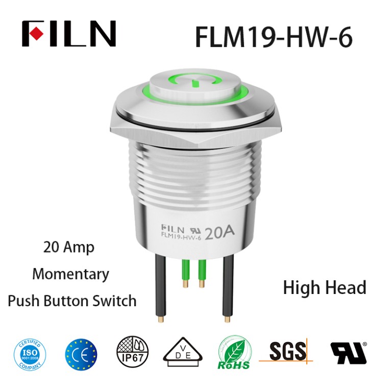 19MM 12V 120V 250V 20A High-Currnet IP67 Waterproof Illuminated Latching Momentary Push Button Switch