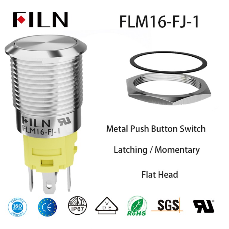 FILN 16MM 110V Momentary Latching UL Metal Push Button Switch