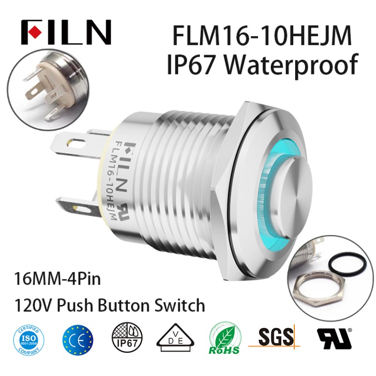 16MM 4 Pin Led Latchig Momentary Waterproof 15A 120V Push Button Switch