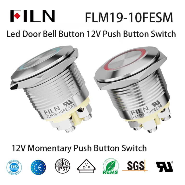 12V Momentary Push Button Switch 19MM Screw Foot Momentary Led Door Bell Button 12V Push Button Switches