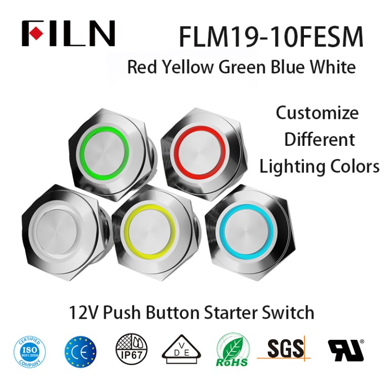 12V Push Button Starter Switch 19MM Screw Foot Momentary Led Door Bell Button 12V Push Button Switches