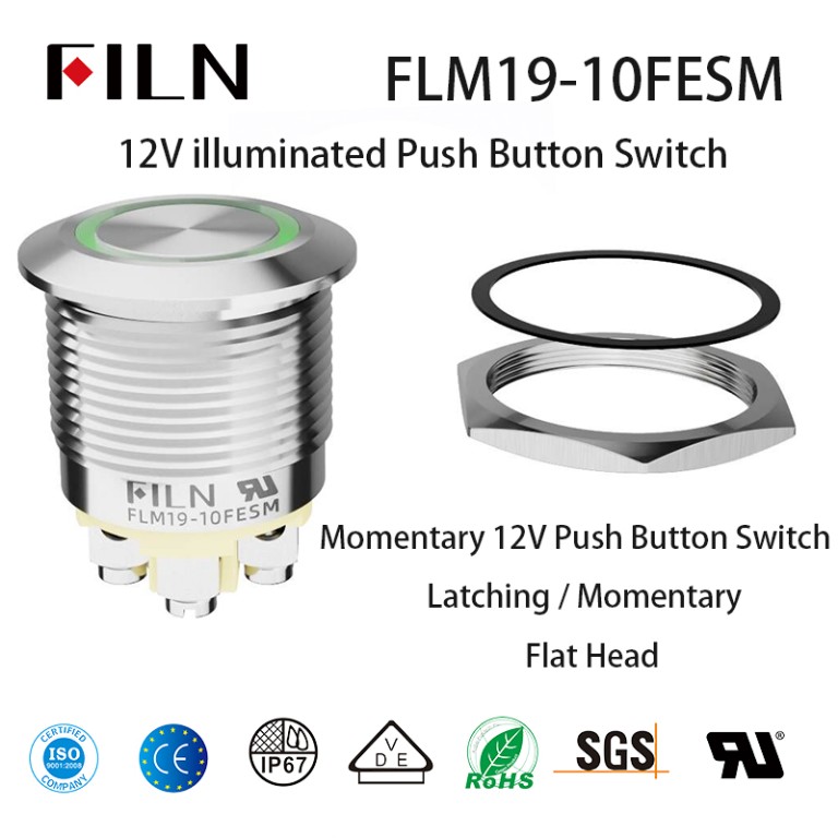12V illuminated Push Button Switch 19MM Screw Foot Momentary Led Door Bell Button 12V Push Button Switches