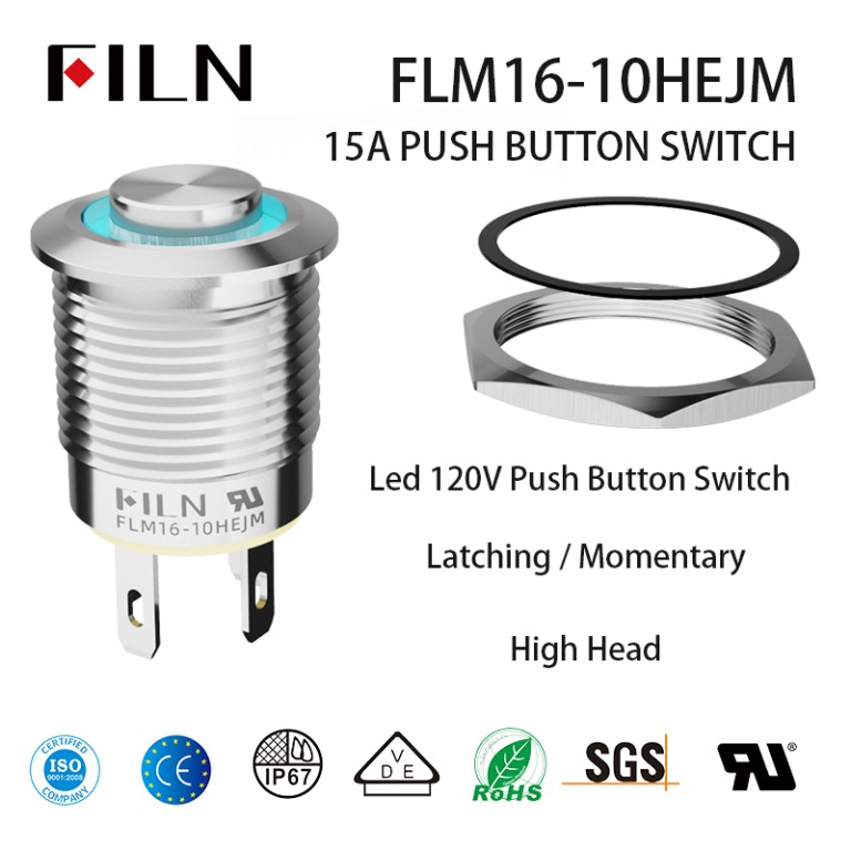 16MM 4 Pin Led Latchig Momentary Waterproof 15A 120V Push Button Switch