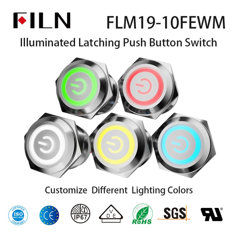 19mm 12v 120v IP68 waterproof  illuminated latching push button switch