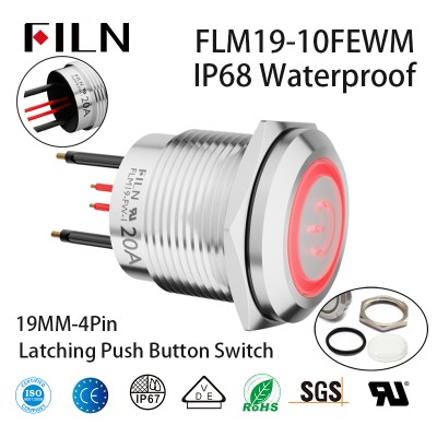 19mm 12v 120v IP68 waterproof  illuminated latching push button switch