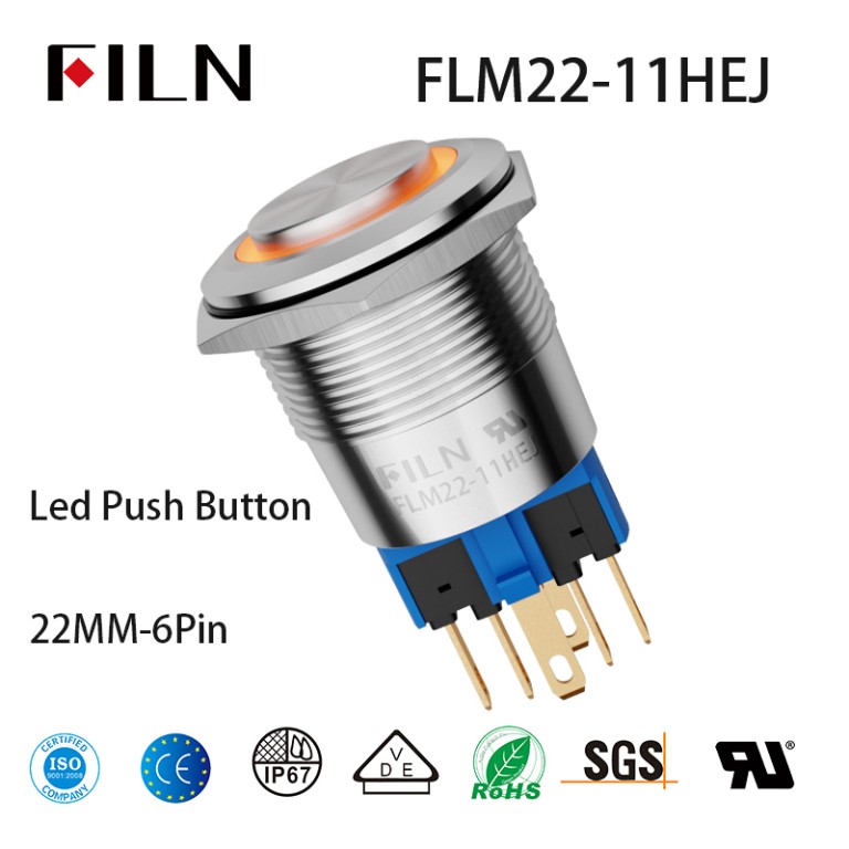 22MM 6PIN 12V red blue waterproof micro led push button switch