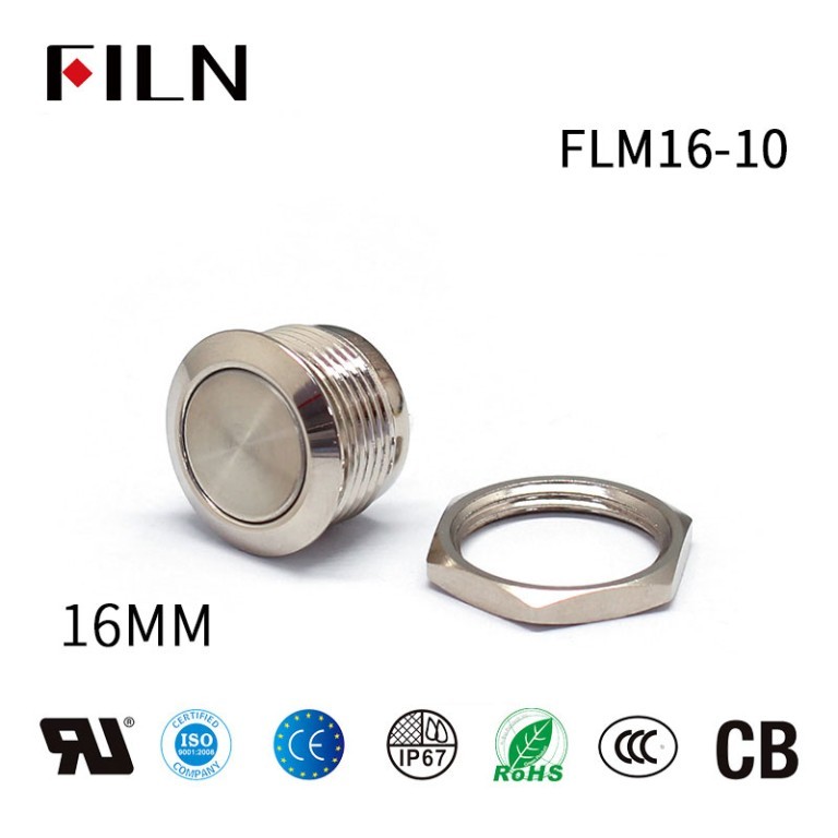 16mm Metal Push Button Switch FILN Flat Head Metal Button 16mm Waterproof 2Pin Solder Terminal