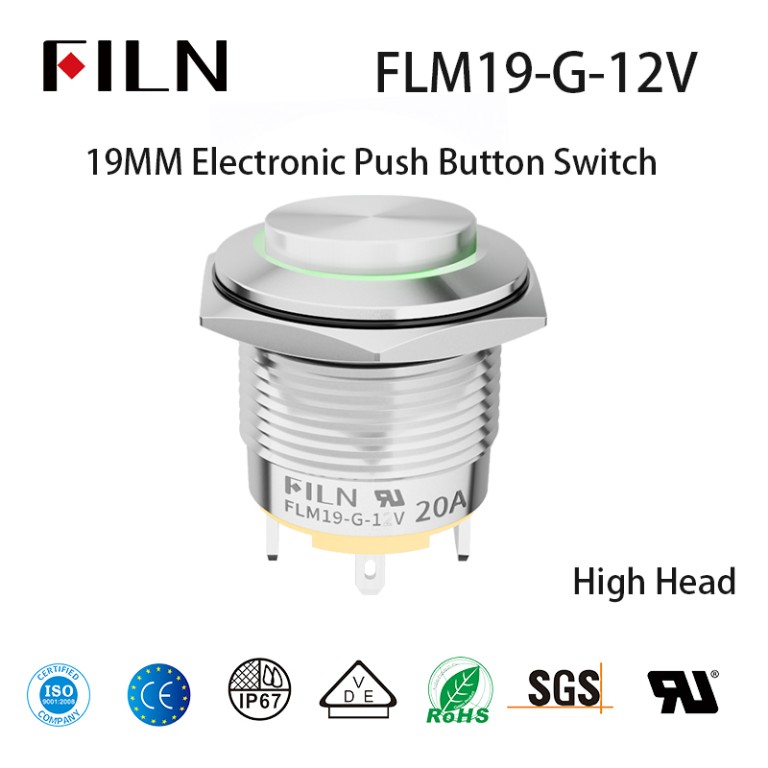 FILN 19MM 12V 20 Amp Waterproof Red Led Electronic Push Button Switch