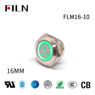 Push Button Switch ON OFF: 16mm 4Pin Diameter Momentary 240 Volt  Metal With Ring LED Power Symbol