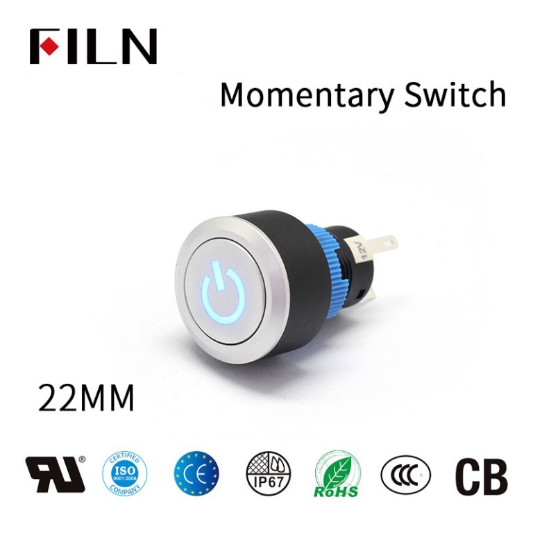 Plastic Push Buttons FILN 22 MM 5PIN  Illuminated 12V Led Reset Round Momentary Plastic Push Buttons Power Logo Momentary Switch