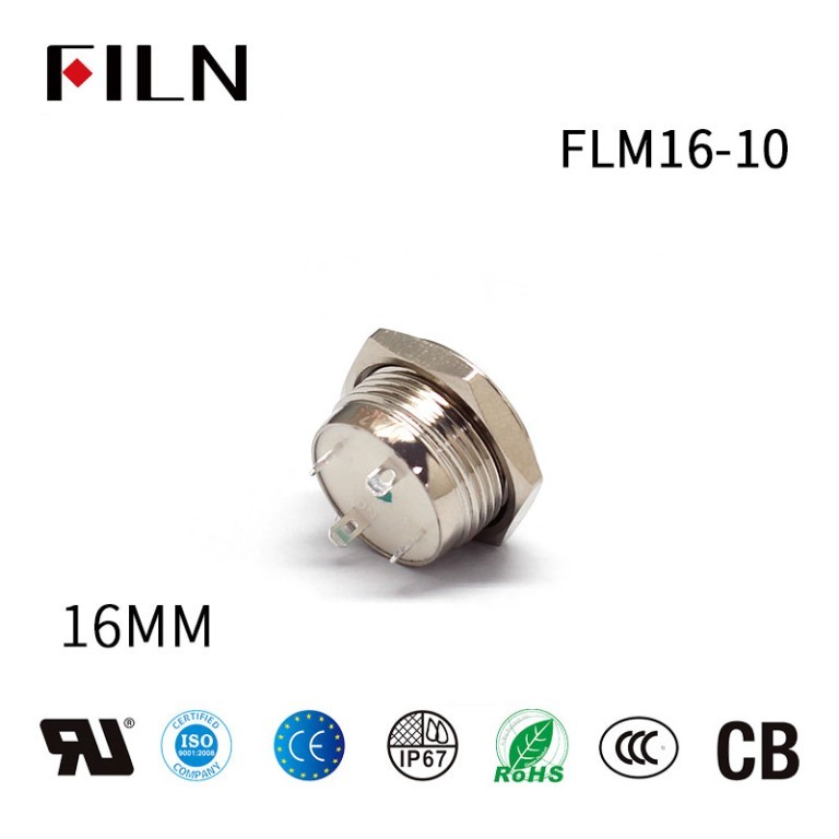 Stainless Steel Push Button FILN Flat Head Metal Button 16mm Waterproof 2Pin Solder Terminal