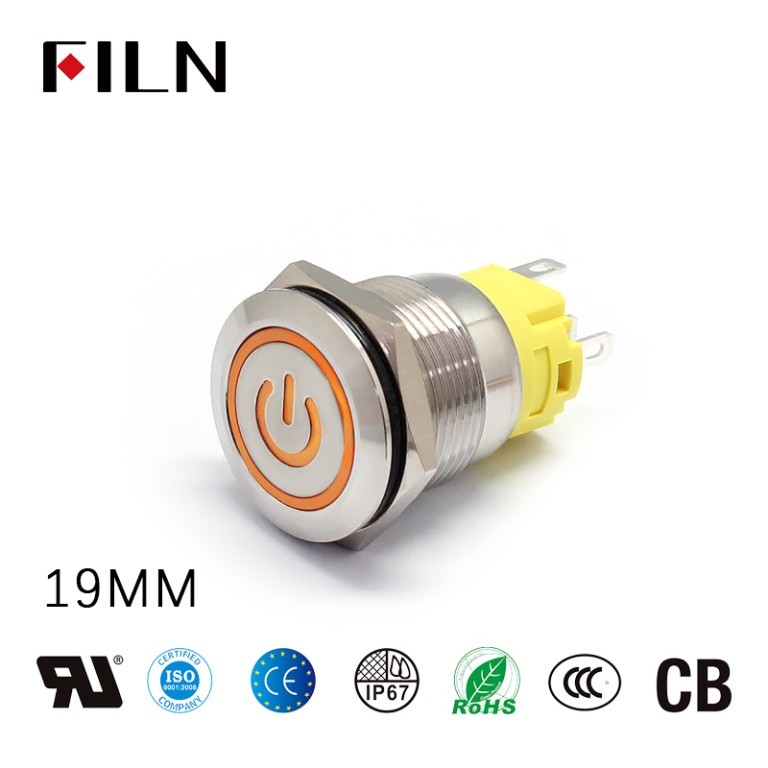 FILN 19MM Illuminated Push Switches: Classic Ring, Power Symbol, LED, 4-Pin
