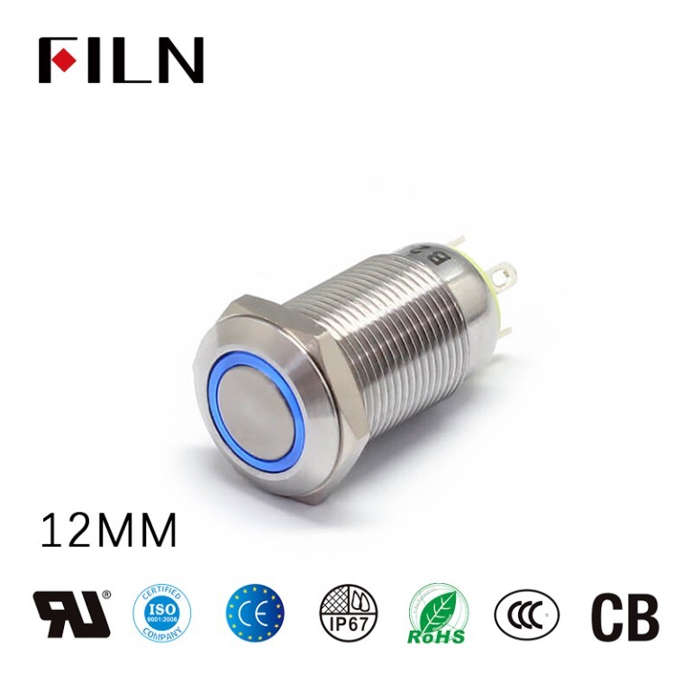 FILN 12MM Small Button Switches: Metal, Ring Design, 4-Pin, LED in 5 Colors
