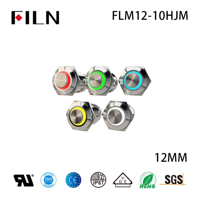 Waterproof push button 12MM 2PIN Metal IP65 Types of Push Button Switches Ring Design With Lamp