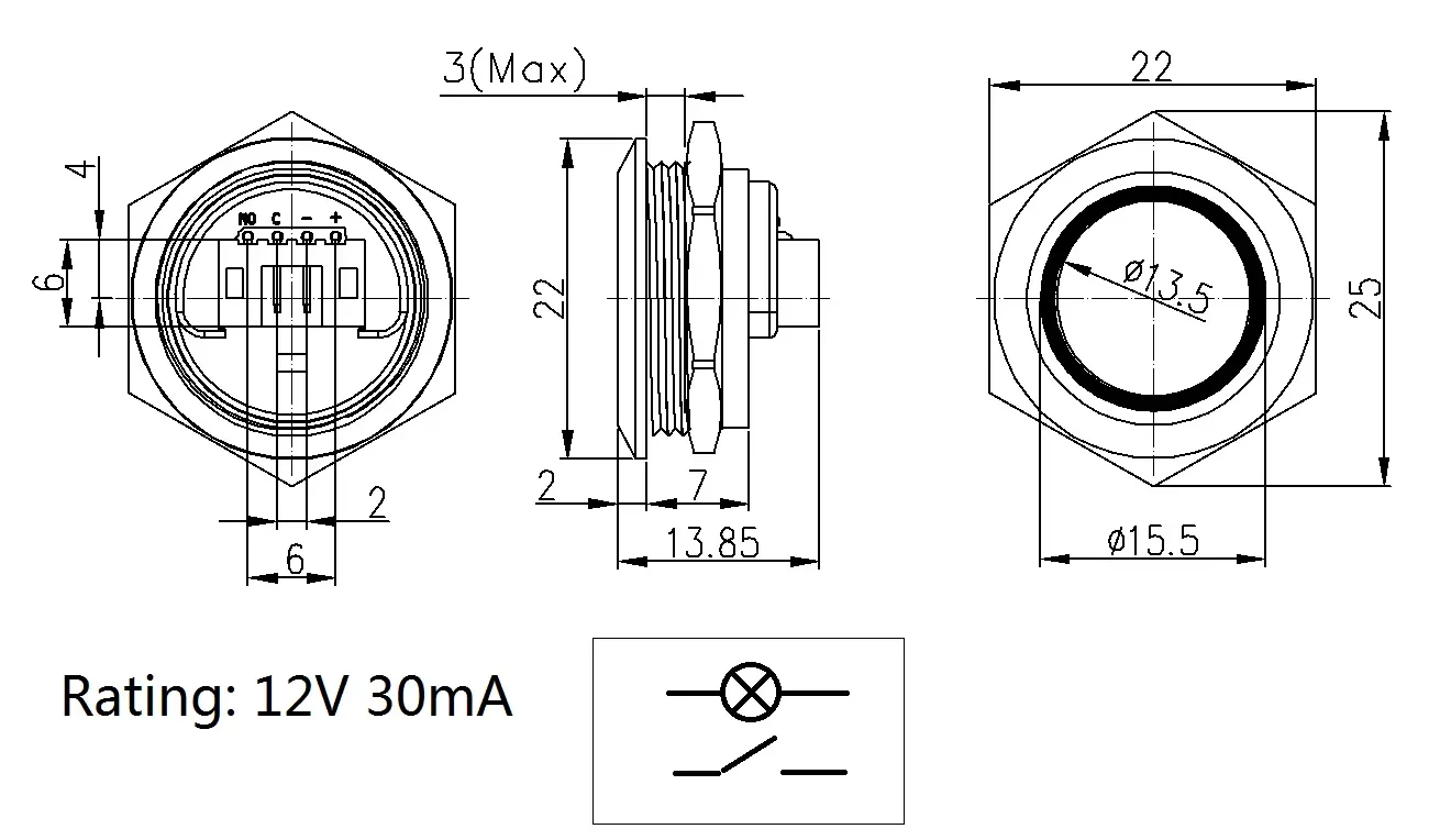 12V Momentary Switch Product Drawing