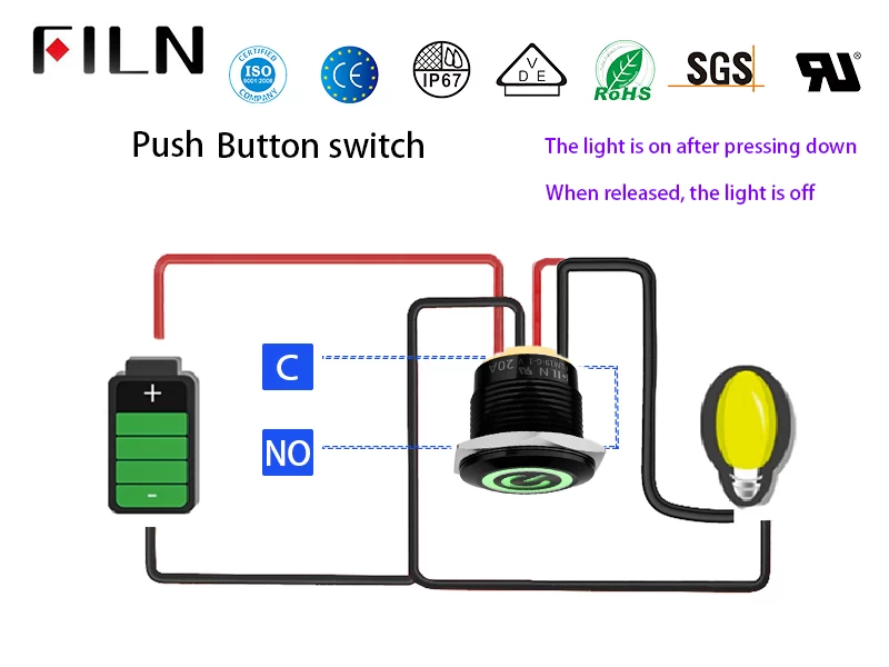 19mm 12V LED Power Symbol ON-OFF Push Button Switch Latch Metal Waterproof