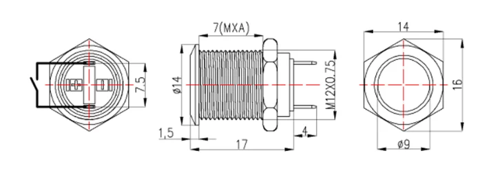 12MM 4PIN Metal IP65 On And Off Push Button Switch Ring Design With Lamp 1 Off push button switch Drawing
